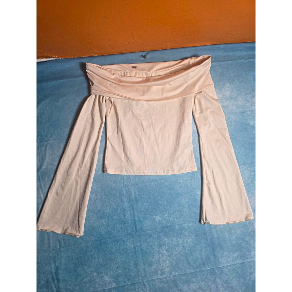 SHEIN Beige Off-the-Shoulder Bell Sleeve Stretch Knit Polyester Top Size S